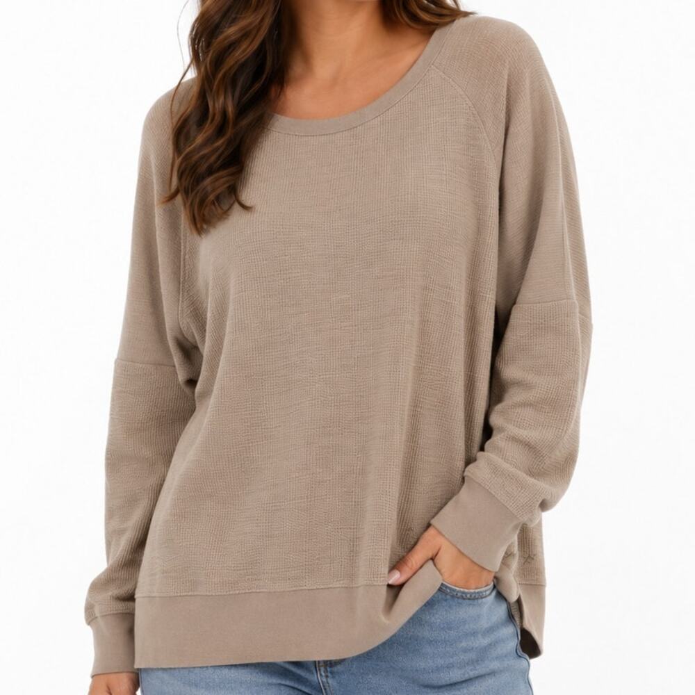 Freely Waffle Knit Pullover Top XL Beige Long Sleeve Relaxed Athleisure Lounge